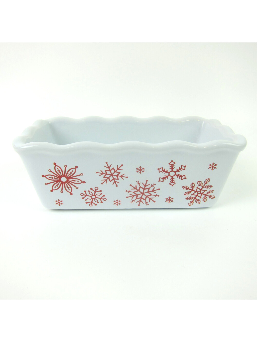 Nantucket Mini Loaf Pan Christmas Holiday Red Snowflakes Ceramic Stoneware 6x3